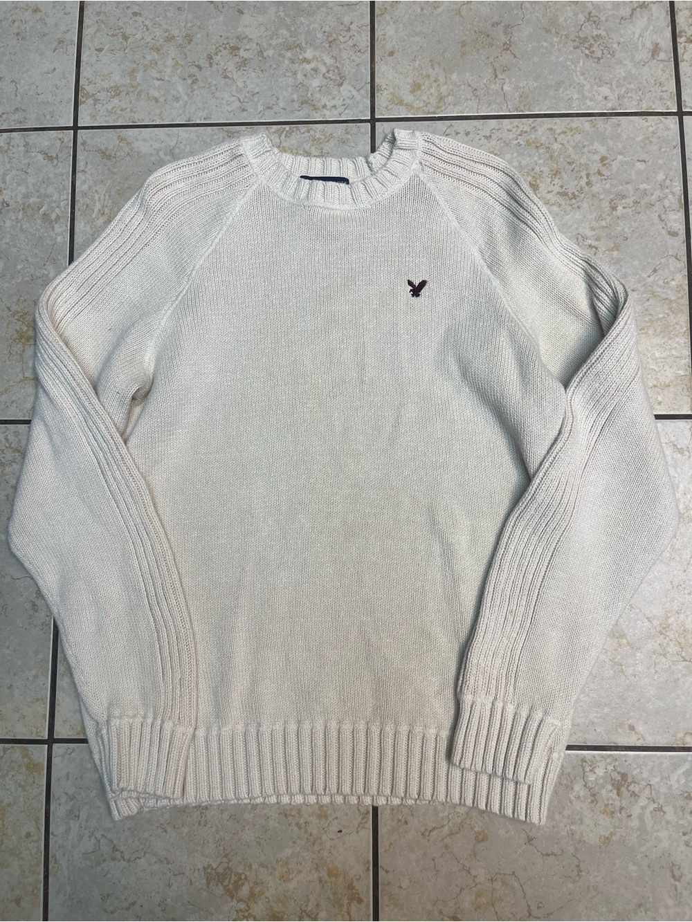 American Eagle Outfitters Cream Crewneck Sweater with Embroidered Logo